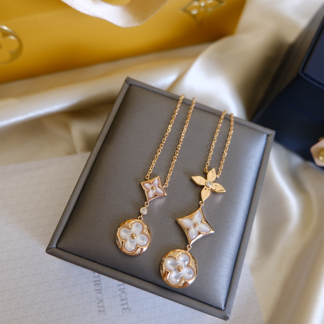 ¡®Moco¡¯COLOR BLOSSOM LARIAT NECKLACE PINK GOLD WHITE MOTHER PEARL AND DIAMOND