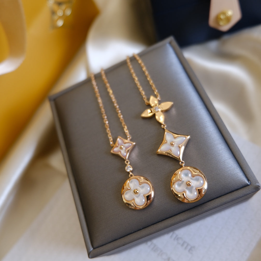 ¡®Moco¡¯COLOR BLOSSOM LARIAT NECKLACE PINK GOLD WHITE MOTHER PEARL AND DIAMOND