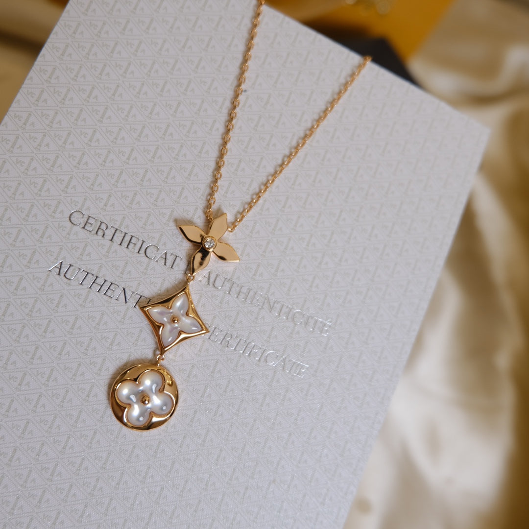 ¡®Moco¡¯COLOR BLOSSOM LARIAT NECKLACE PINK GOLD WHITE MOTHER PEARL AND DIAMOND