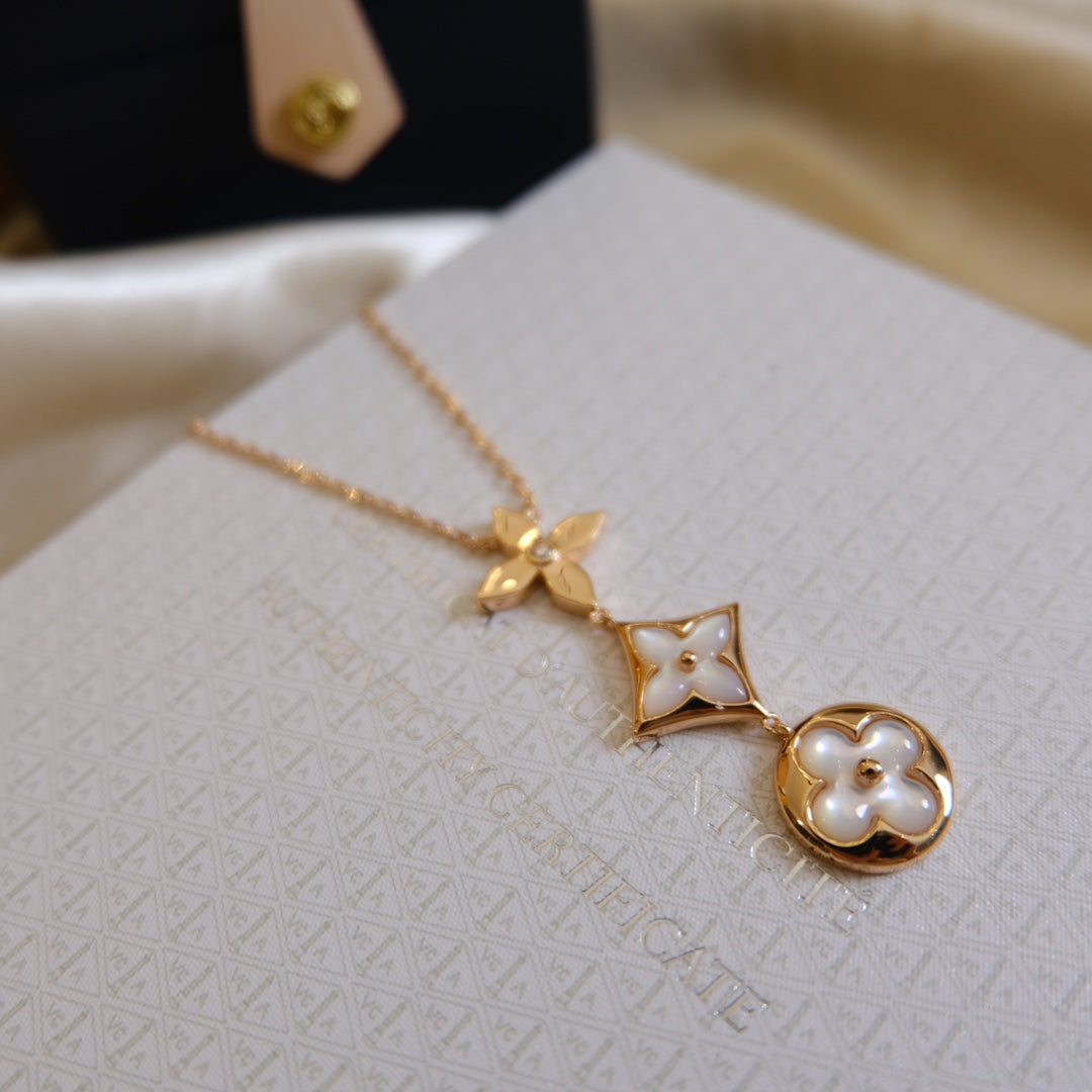 ¡®Moco¡¯COLOR BLOSSOM LARIAT NECKLACE PINK GOLD WHITE MOTHER PEARL AND DIAMOND