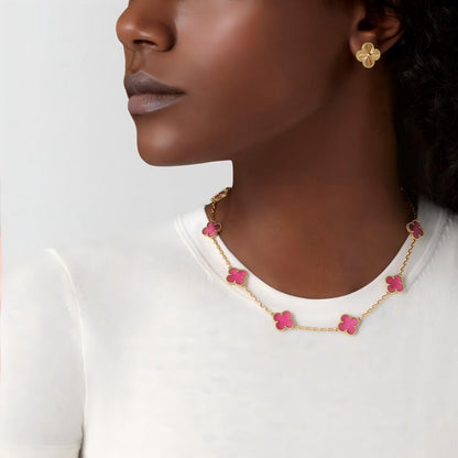 [Miro]NEW CLOVER 10 MOTIFS PINK ENAMEL NECKLACE
